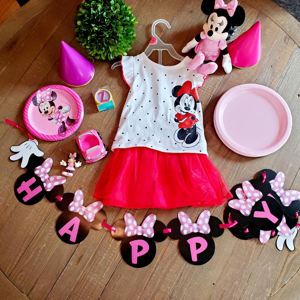 Disney Mini Mouse Girl Birthday Bundle, Tutu Dress, Banner, Party Supplies 2T